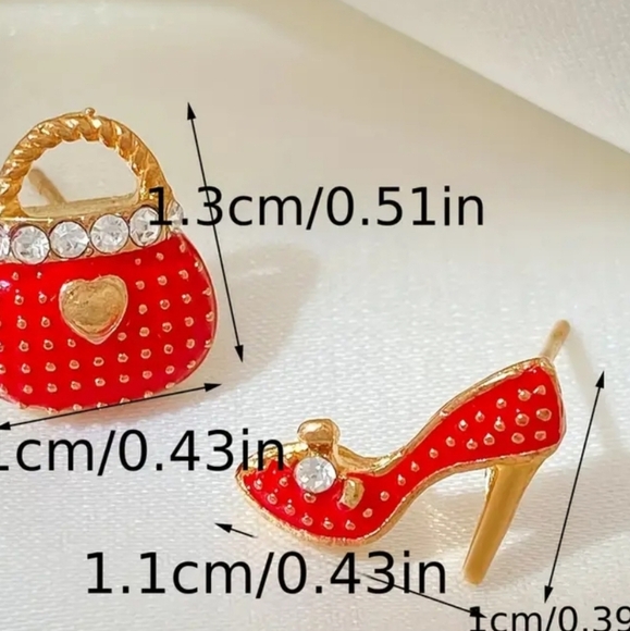 Red Shiny 14K Plated Purse And Heels Alloy Rhinestone Earrings - Picture 4 of 6